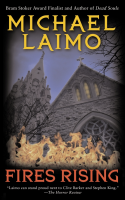 book cover showing a church on fire