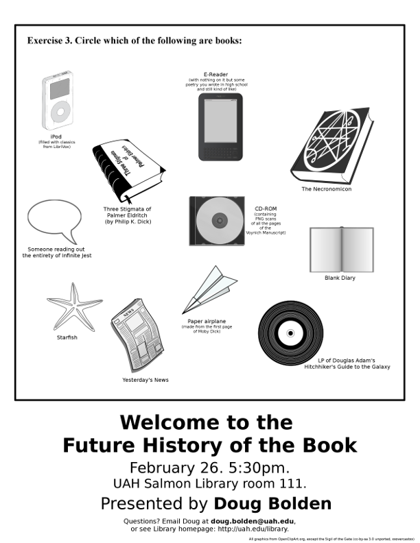 Flyer made to look like a test sheet, having items that are either book-like or books or might be considered books. Talk will be February 26. 5:30pm.