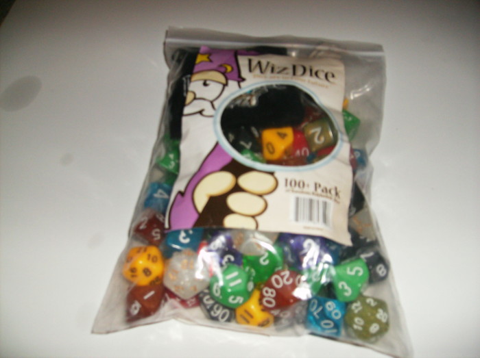 A zipper bag full of dice