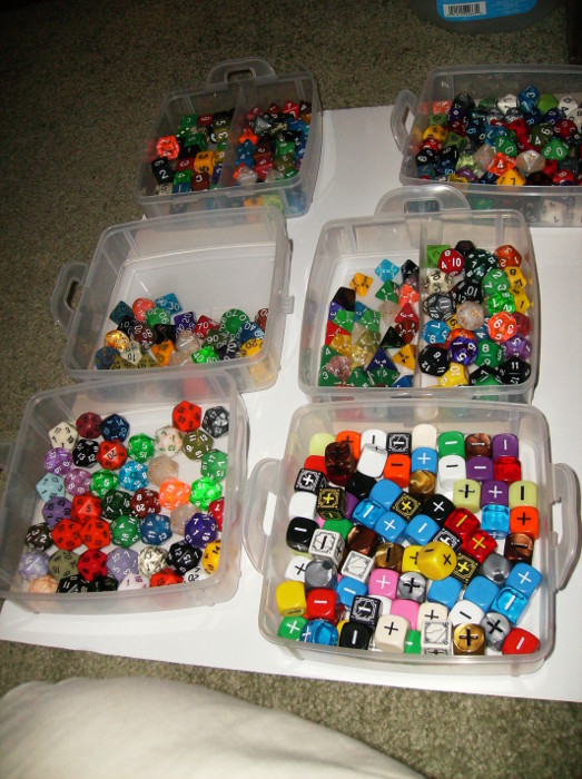 Dice stored in a dice box