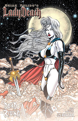 Lady Death Comic, large-breasted pale woman with sword in front of her