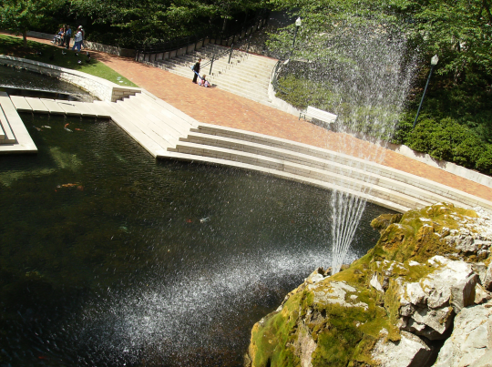 A shot of the Big Spring fountain from behind