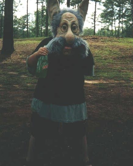 Doug wearing a gnome Halloween Mask