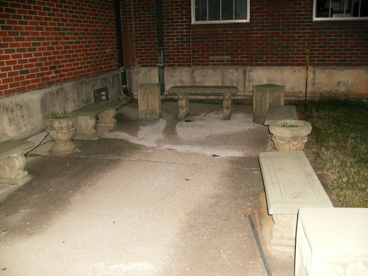 Benches (and sand?) behind Morton Hall